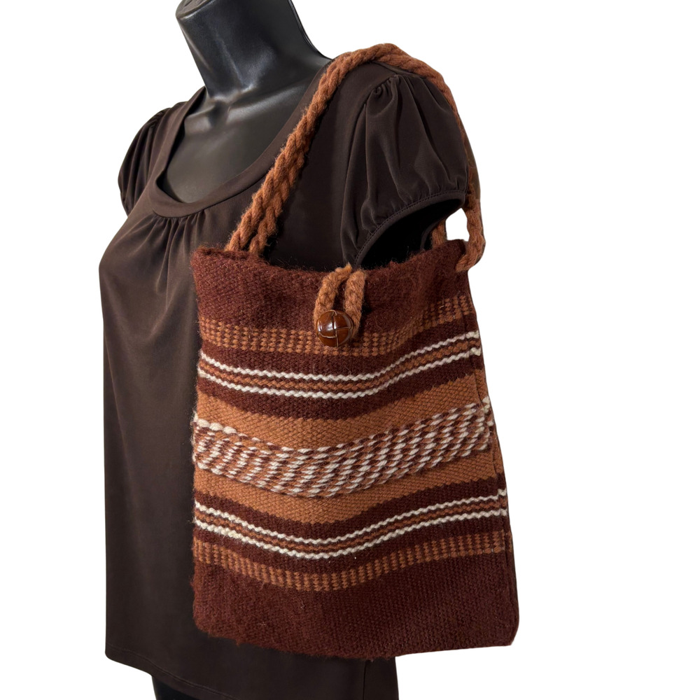 Hand-Woven Wool Shoulder Bag Brown Beige White Geometric Stripes